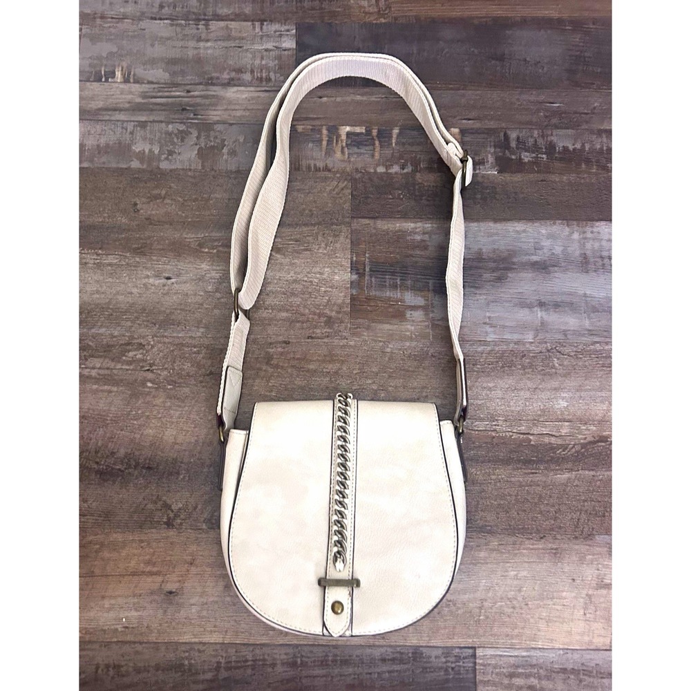 Women's White Semi-Circle Crossbody Bag, Chain Accents, Zip, Pockets